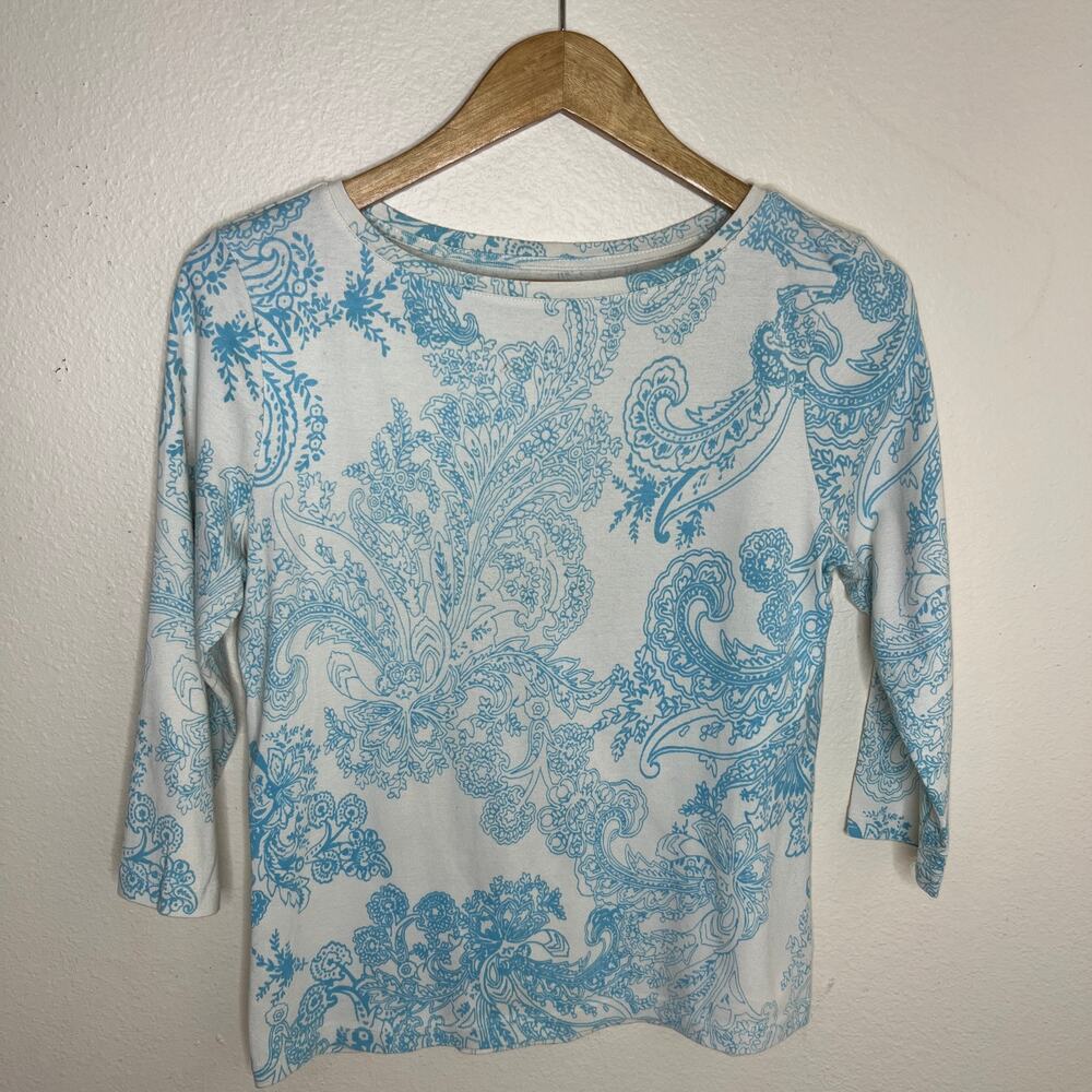 Talbots 100% Cotton Teal Print 3/4 Sleeve Top Medium